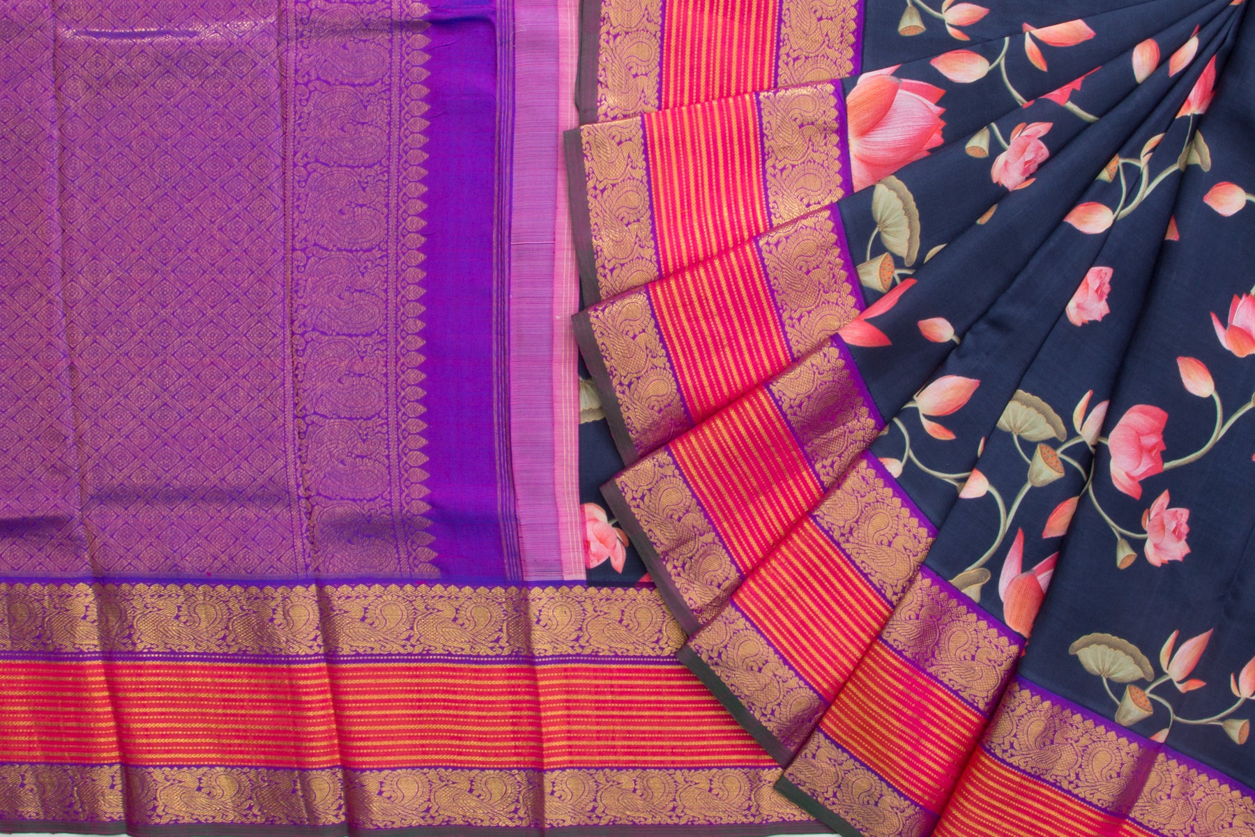 Kanchipuram Silk Floral Printed Dark Blue Saree