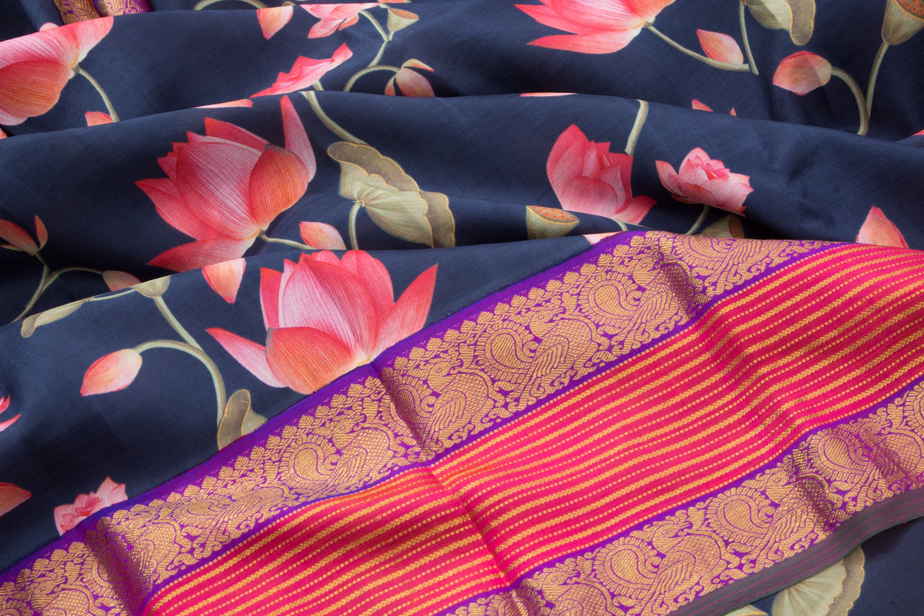 Kanchipuram Silk Floral Printed Dark Blue Saree