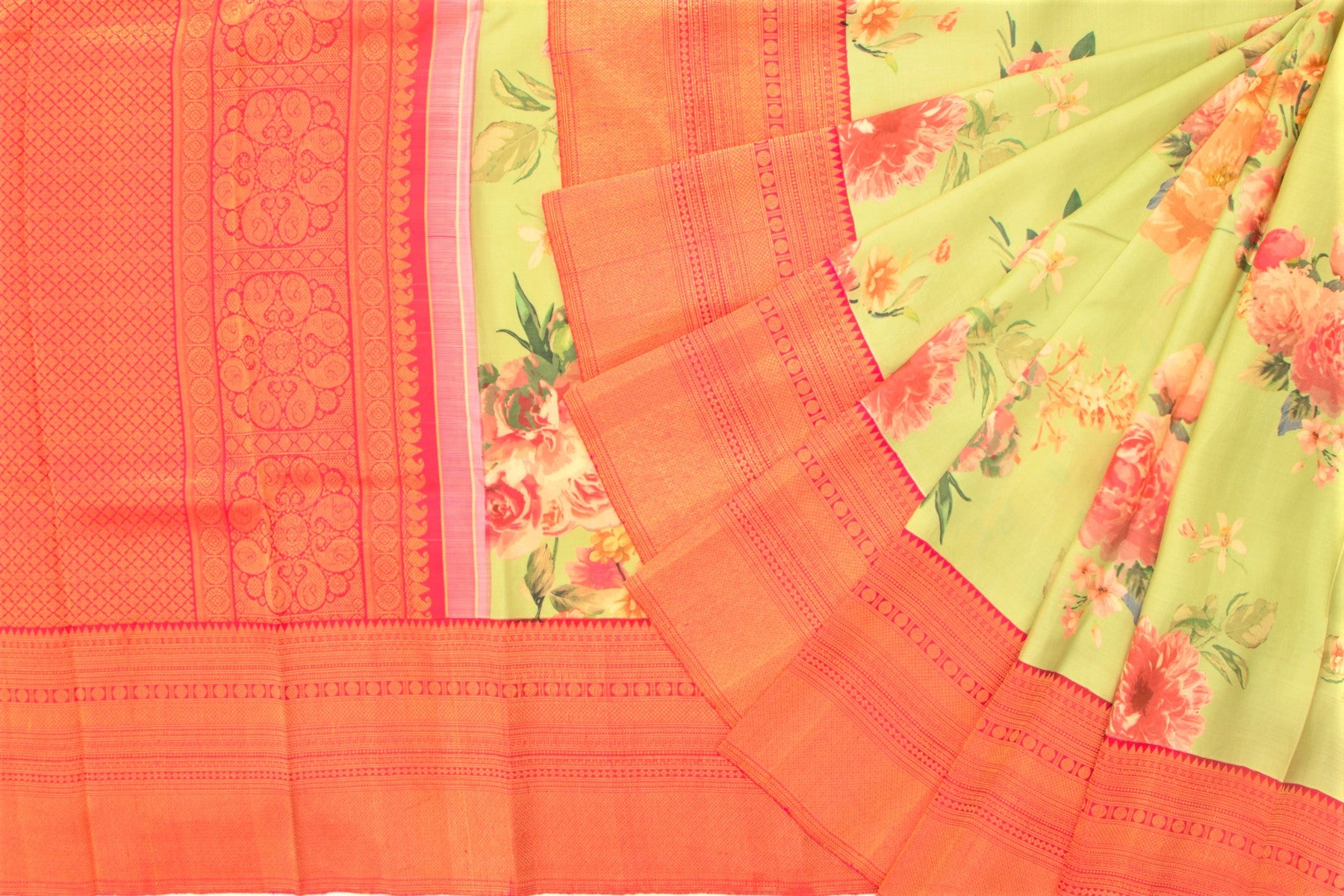 Kanchipuram Silk Floral Printed Green Saree