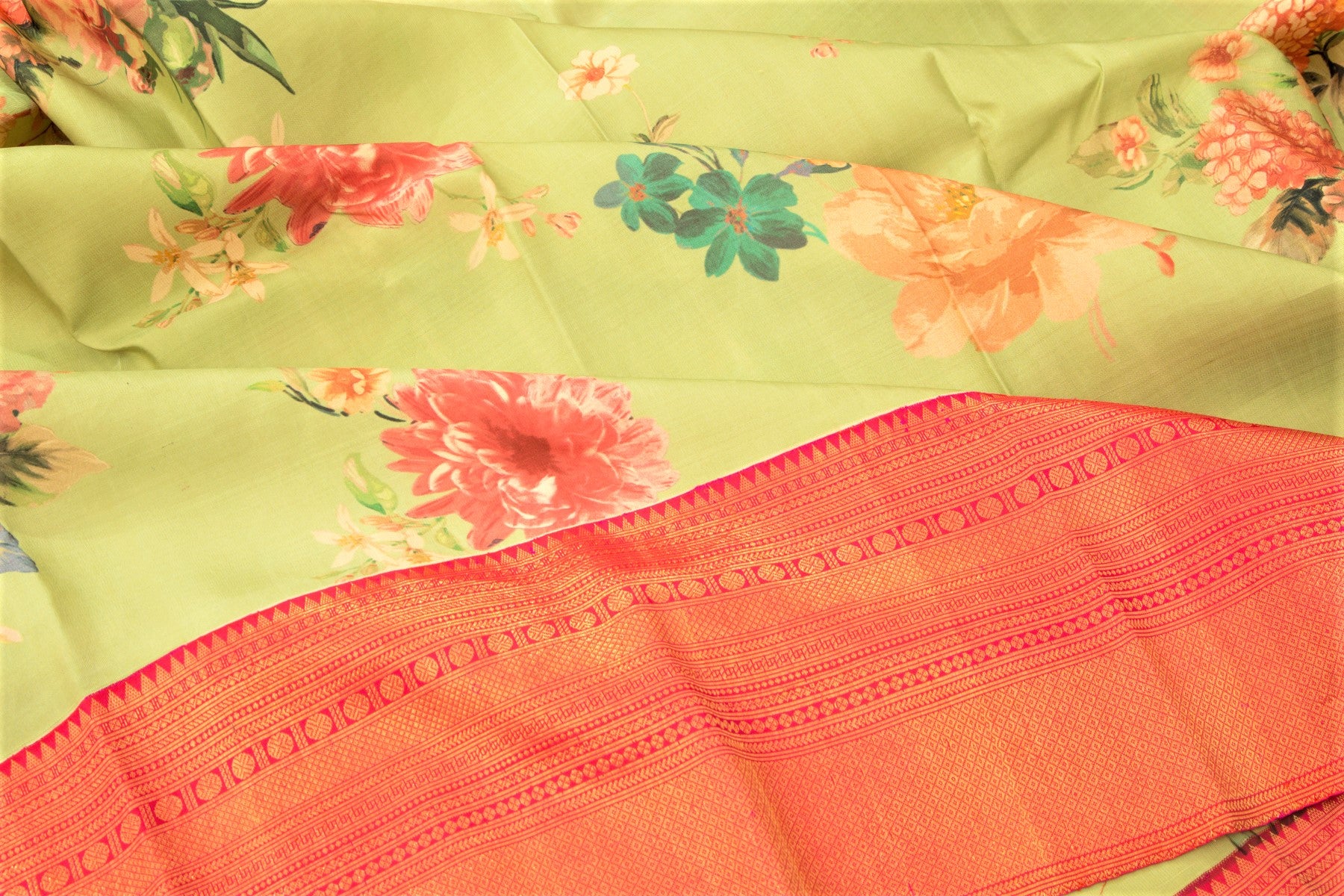 Kanchipuram Silk Floral Printed Green Saree