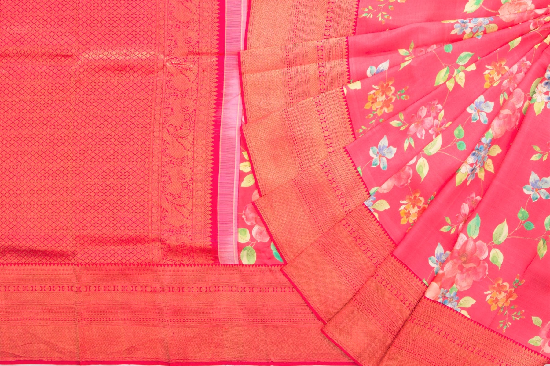 Kanchipuram Silk Floral Printed Pink Saree