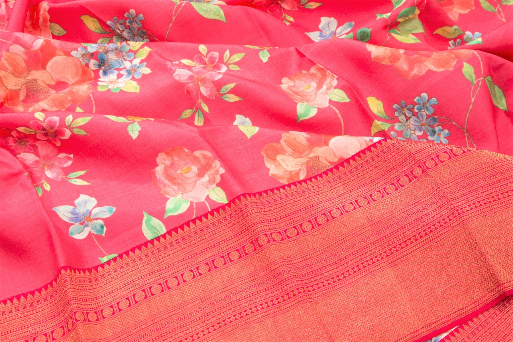 Kanchipuram Silk Floral Printed Pink Saree