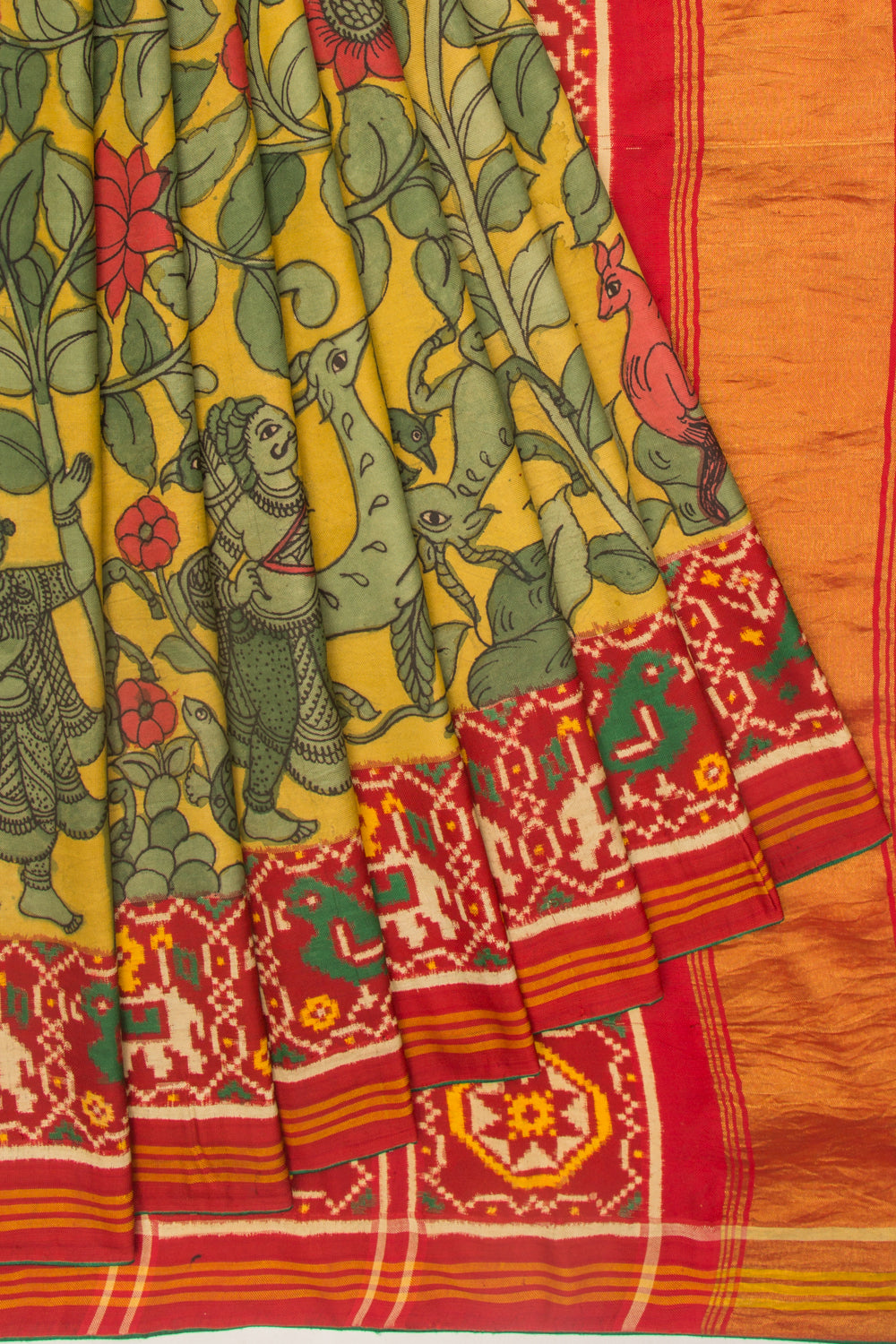 Patan Patola Silk Double Ikat Kalamkari Yellow Saree