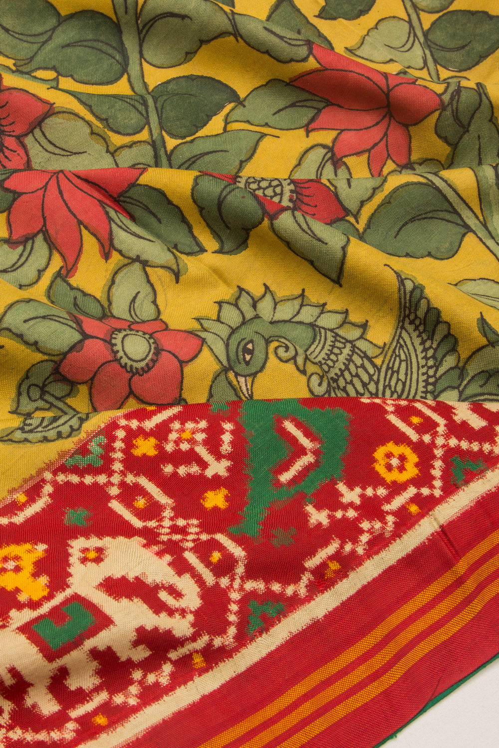 Patan Patola Silk Double Ikat Kalamkari Yellow Saree