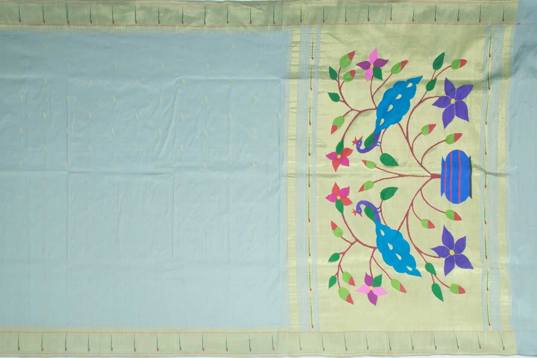 Paithani Silk Butta Pastel Grey Saree With Muniya Border