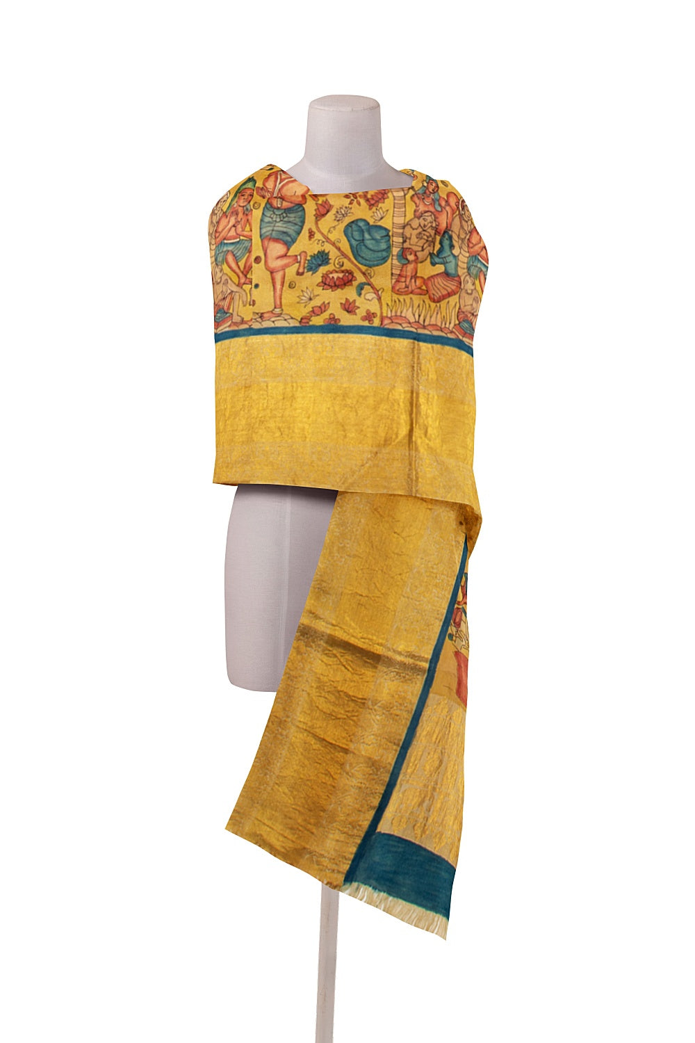 Kanchipuram Silk Handpainted Kalamkari Yellow Dupatta