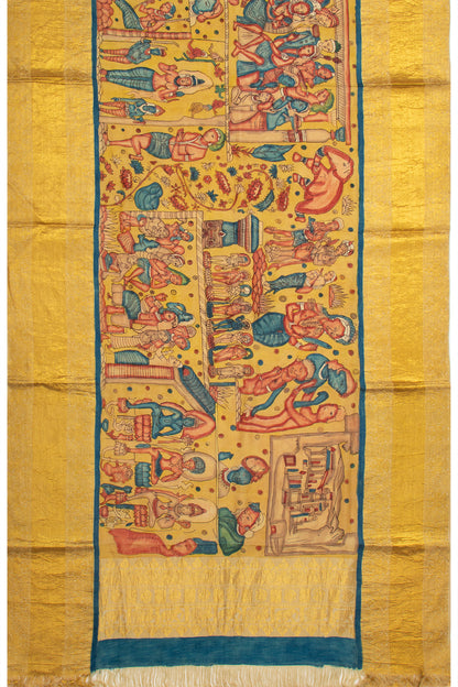 Kanchipuram Silk Handpainted Kalamkari Yellow Dupatta