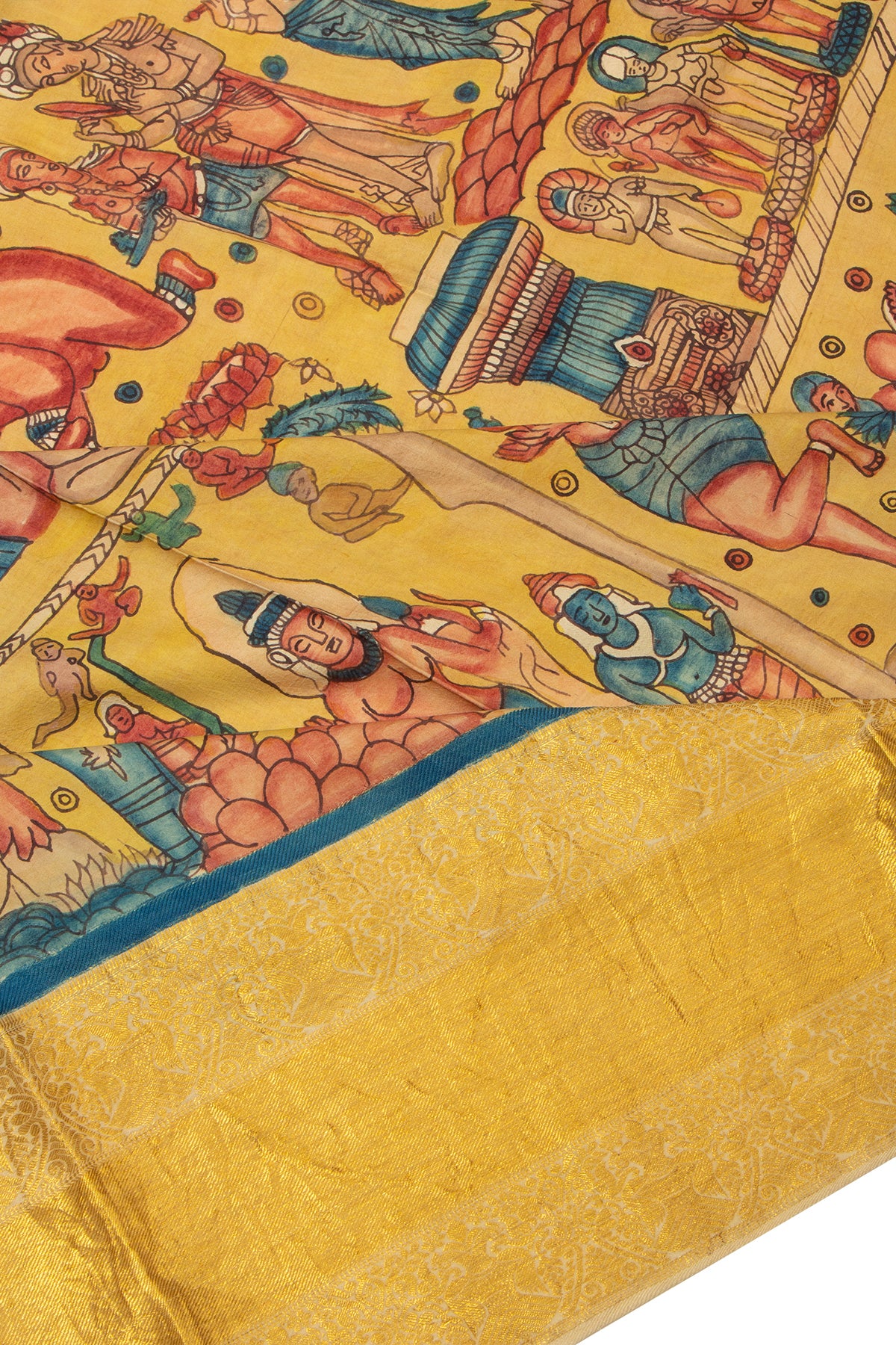 Kanchipuram Silk Handpainted Kalamkari Yellow Dupatta