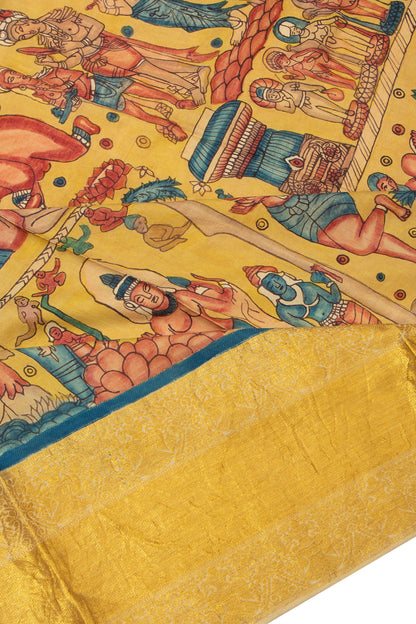Kanchipuram Silk Handpainted Kalamkari Yellow Dupatta