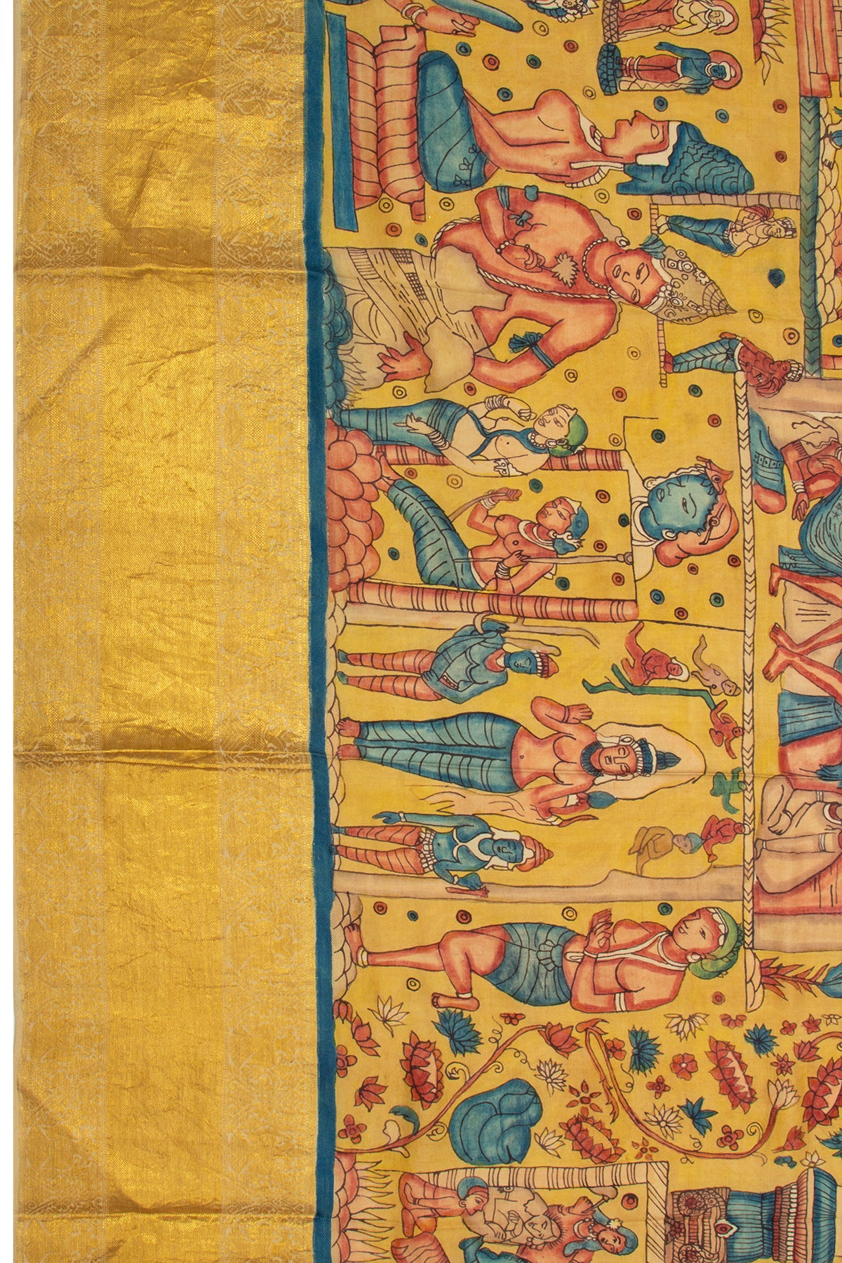 Kanchipuram Silk Handpainted Kalamkari Yellow Dupatta