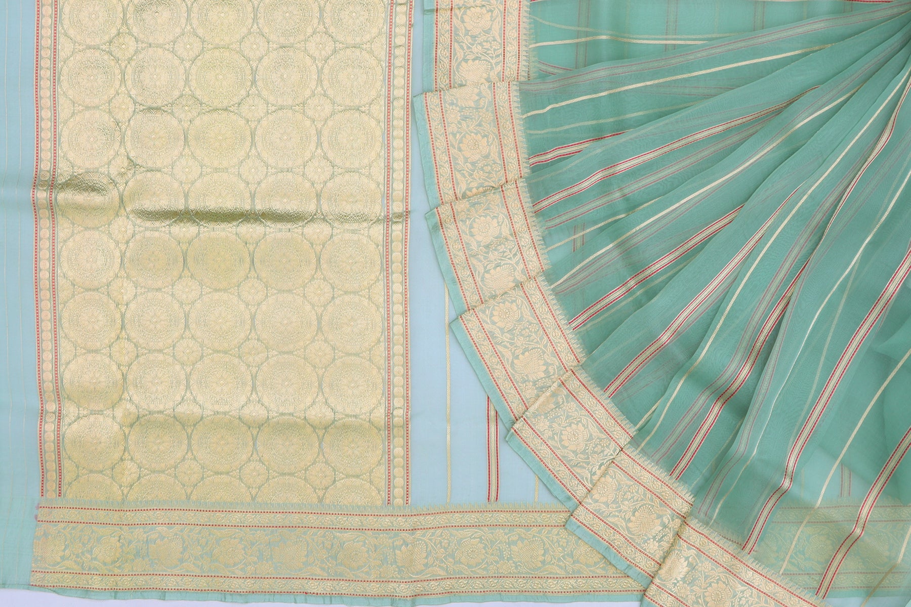 Banarasi Kora Organza Vertical Lines Pastel Blue Saree