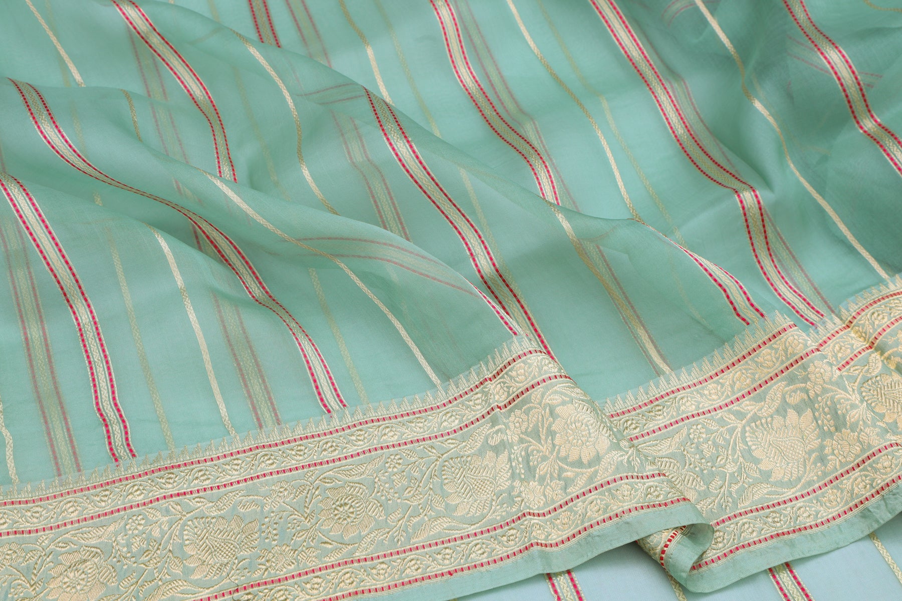 Banarasi Kora Organza Vertical Lines Pastel Blue Saree