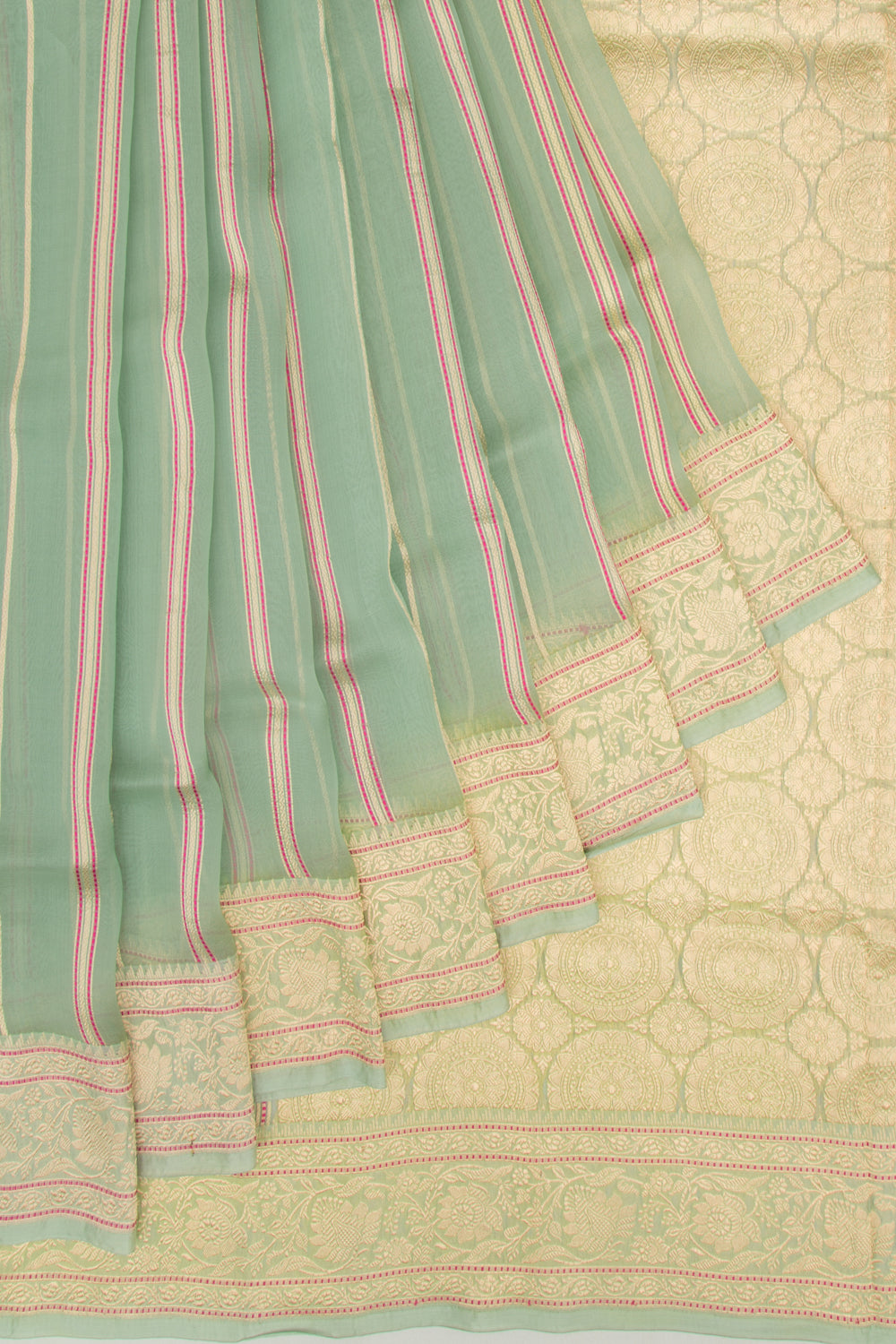 Banarasi Kora Organza Vertical Lines Green Saree