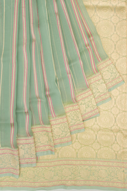 Banarasi Kora Organza Vertical Lines Green Saree