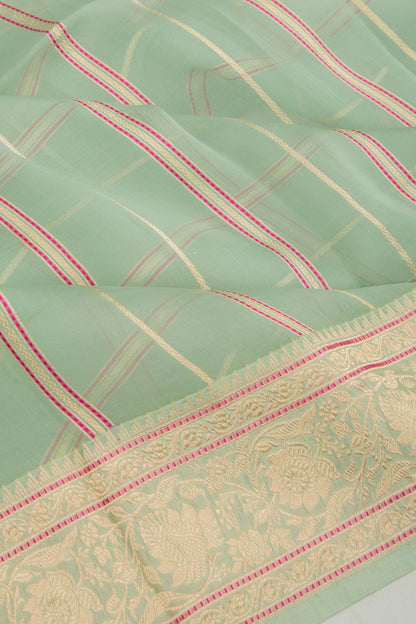Banarasi Kora Organza Vertical Lines Green Saree
