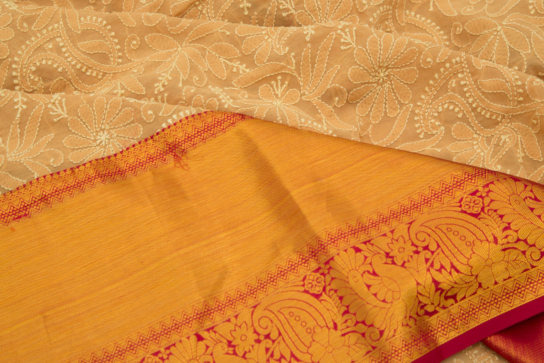 Lucknow Chikankari Georgette Yellow Saree With Kanchi Border