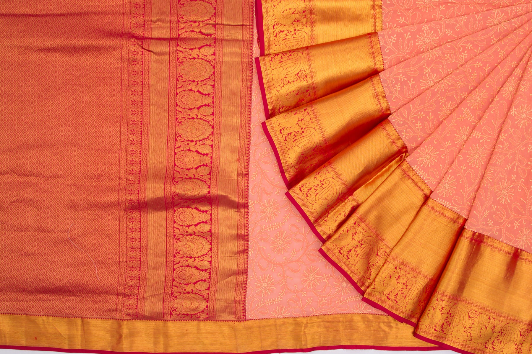 Lucknow Chikankari Georgette Pink Saree With Kanchi Border