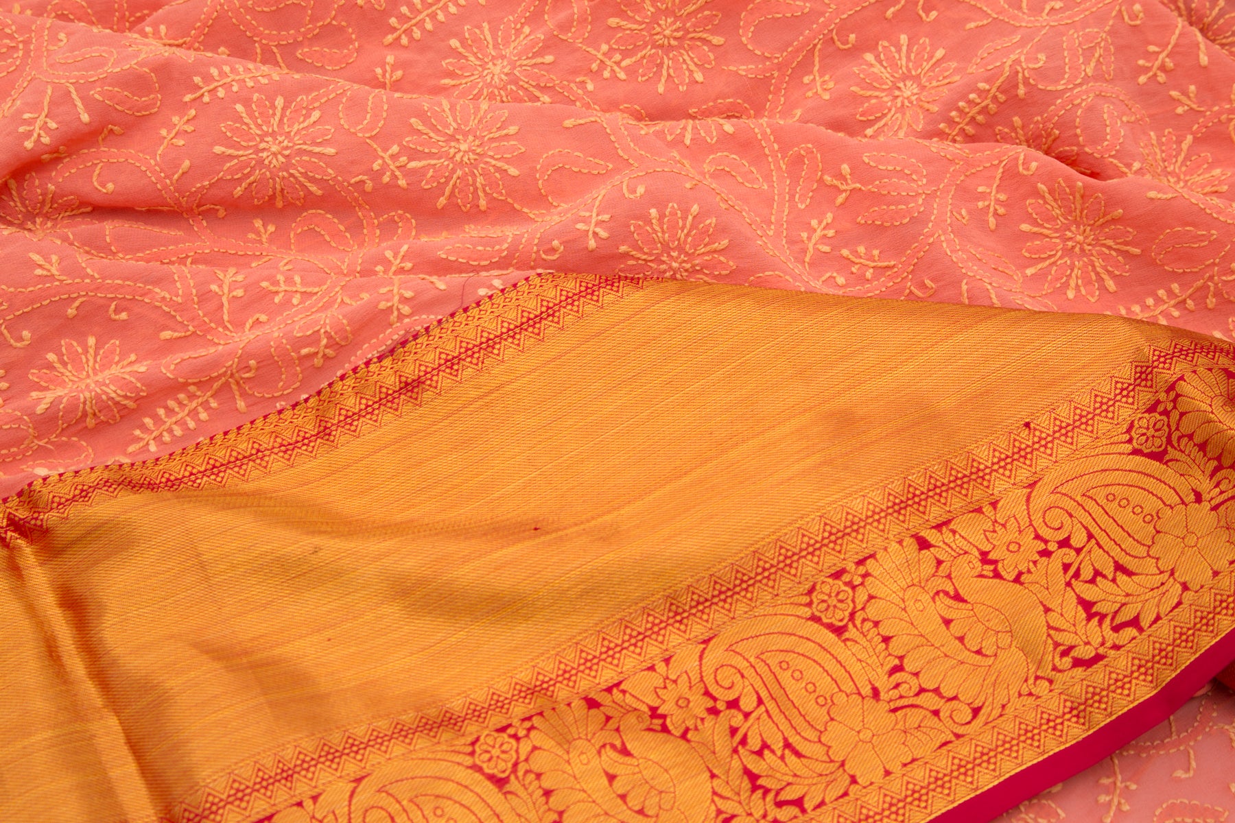 Lucknow Chikankari Georgette Pink Saree With Kanchi Border