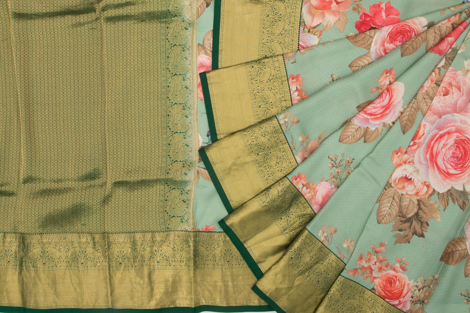 Kanchipuram Silk Jacquard And Printed Pastel Green Saree