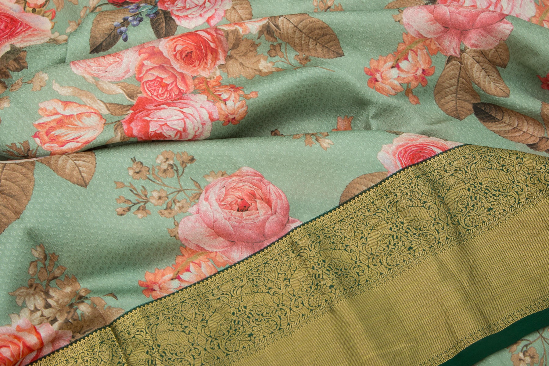 Kanchipuram Silk Jacquard And Printed Pastel Green Saree