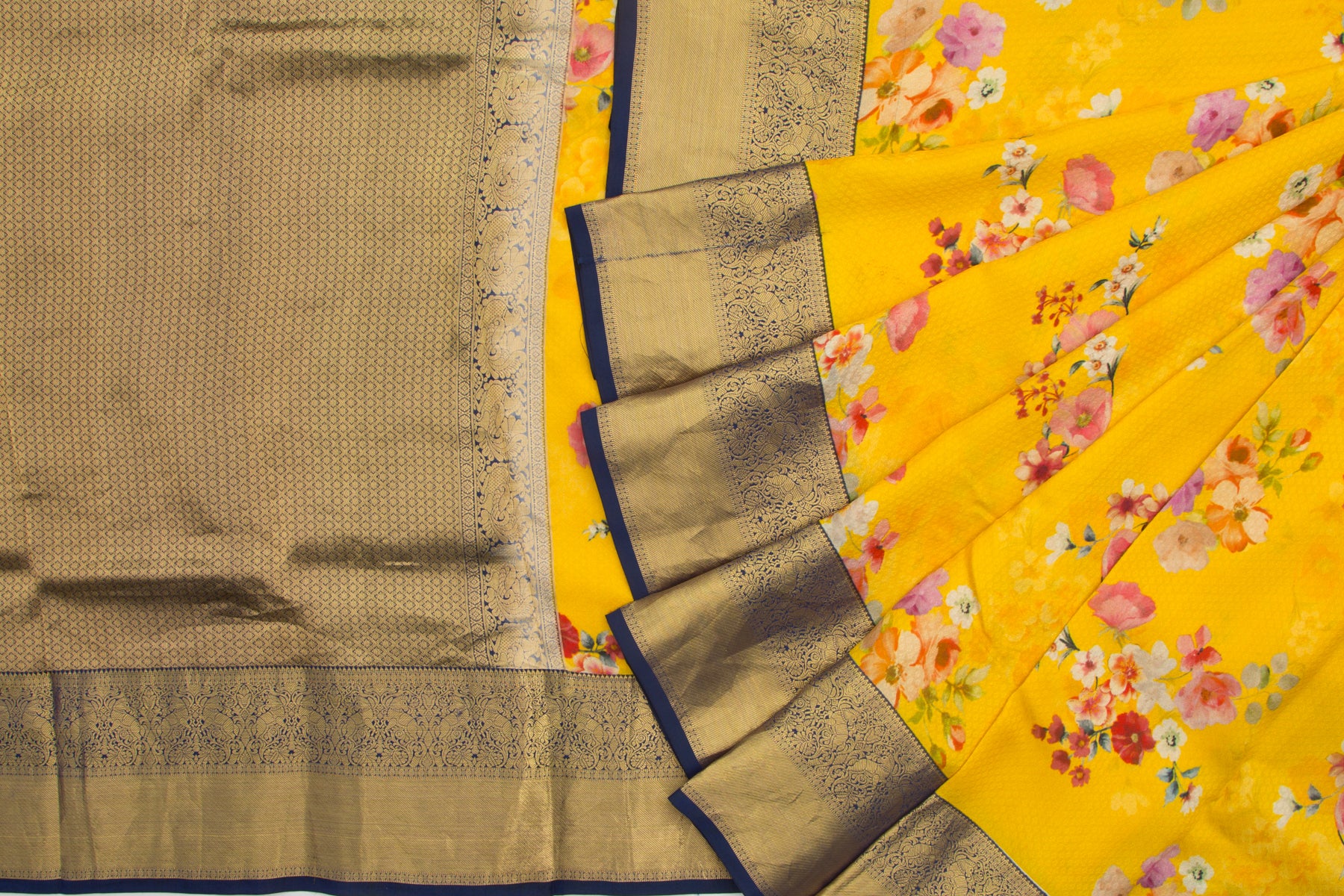 Kanchipuram Silk Jacquard And Printed Yellow Saree