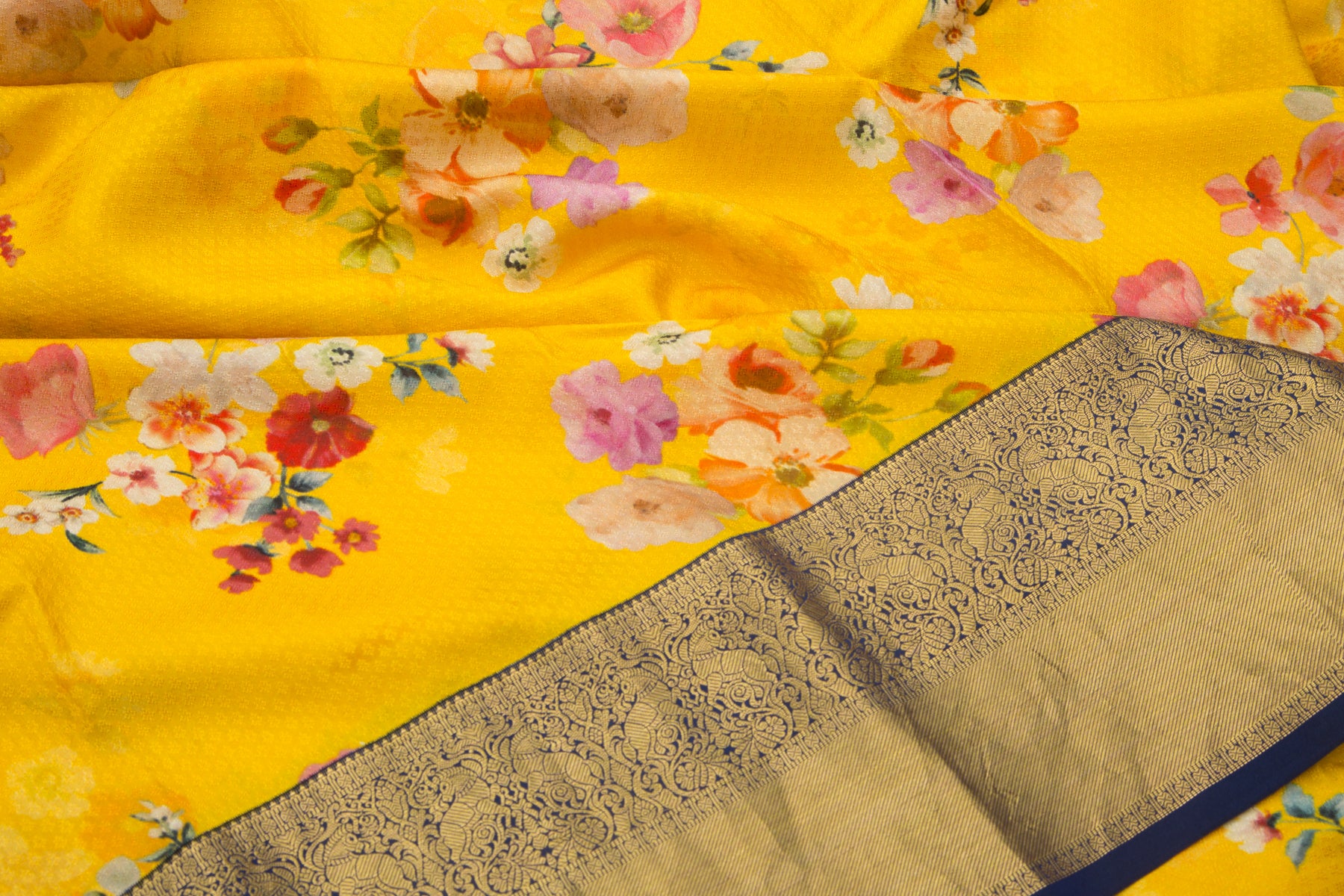 Kanchipuram Silk Jacquard And Printed Yellow Saree