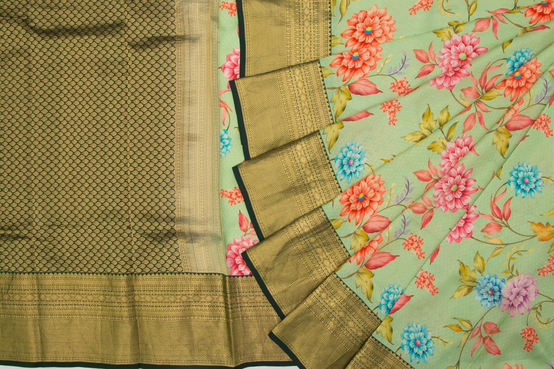 Kanchipuram Silk Jacquard And Printed Pastel Green Saree