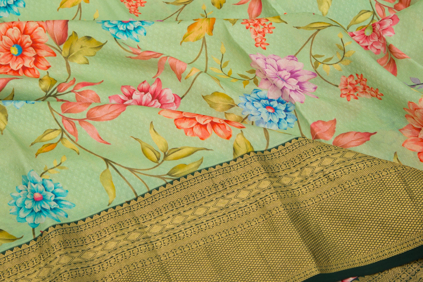 Kanchipuram Silk Jacquard And Printed Pastel Green Saree