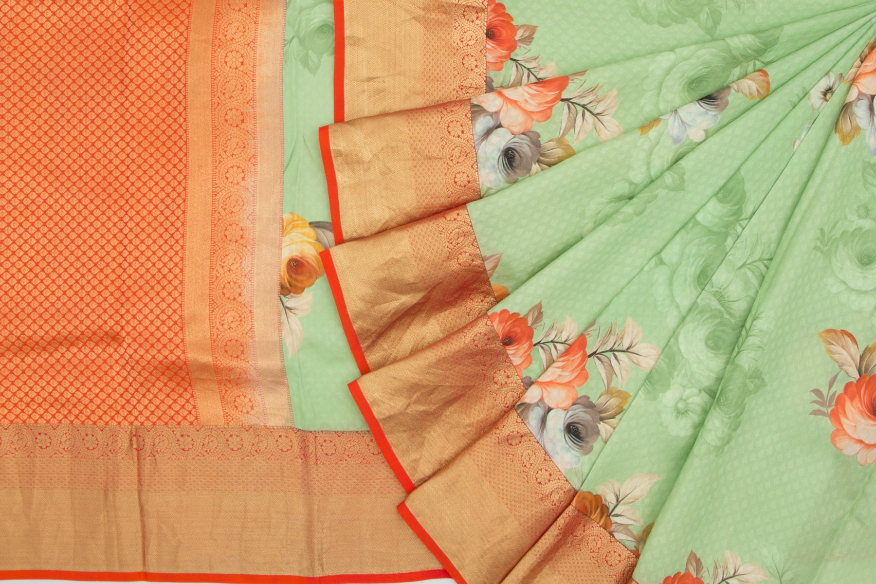 Kanchipuram Silk Jacquard And Floral Printed Pastel Green Saree