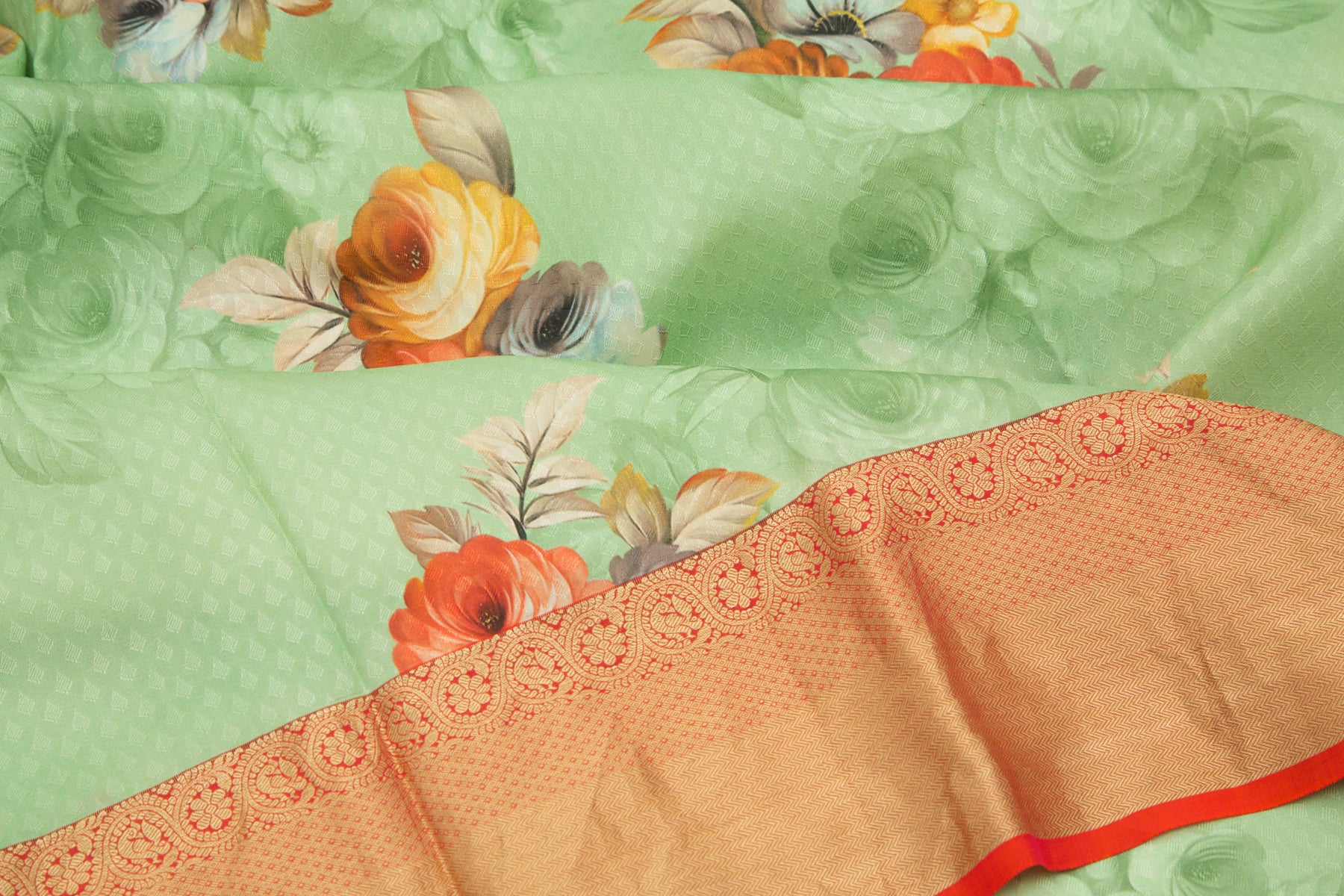 Kanchipuram Silk Jacquard And Floral Printed Pastel Green Saree