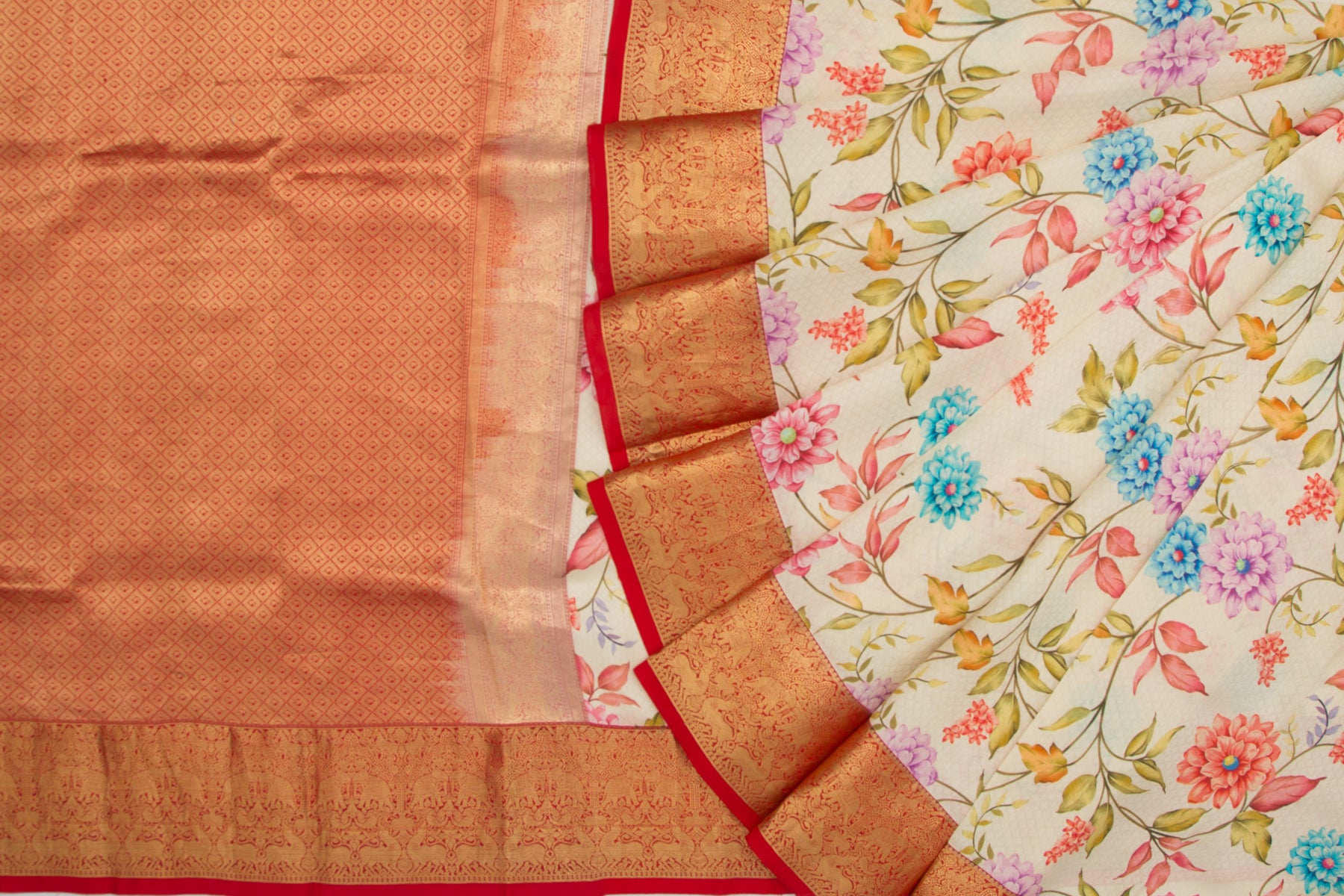 Kanchipuram Silk Jacquard And Floral Printed Cream Saree