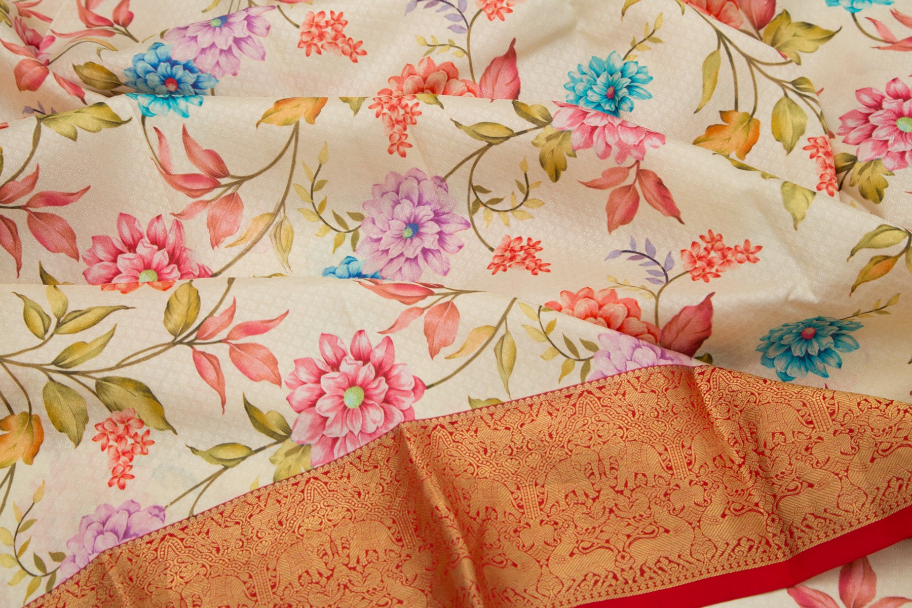 Kanchipuram Silk Jacquard And Floral Printed Cream Saree