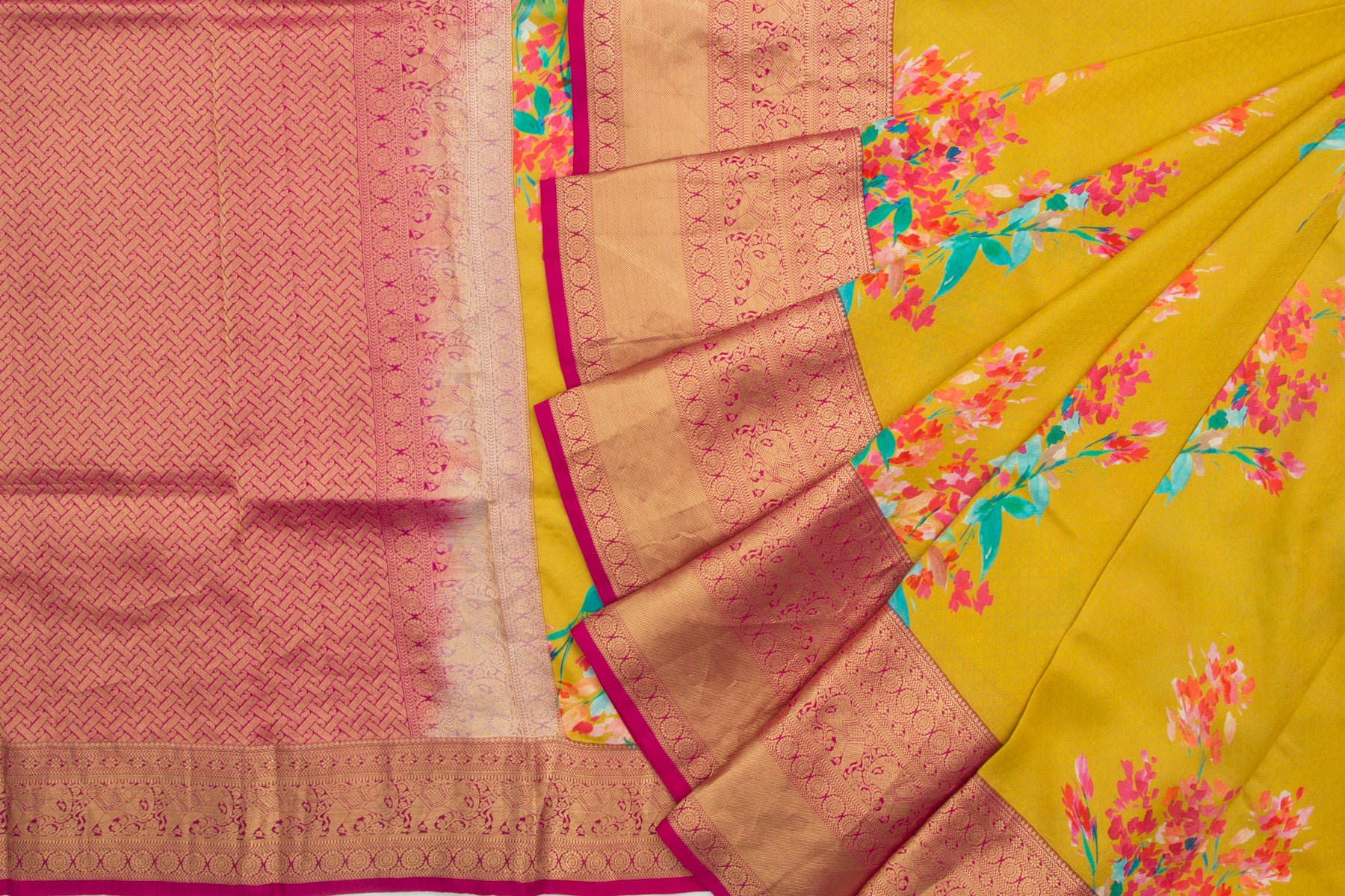Kanchipuram Silk Jacquard And Floral Printed Yellow Saree