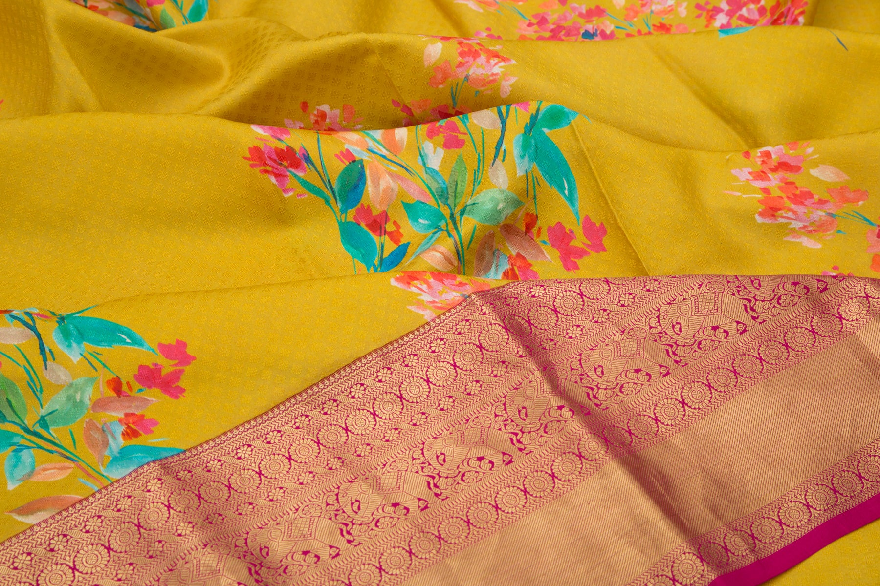 Kanchipuram Silk Jacquard And Floral Printed Yellow Saree