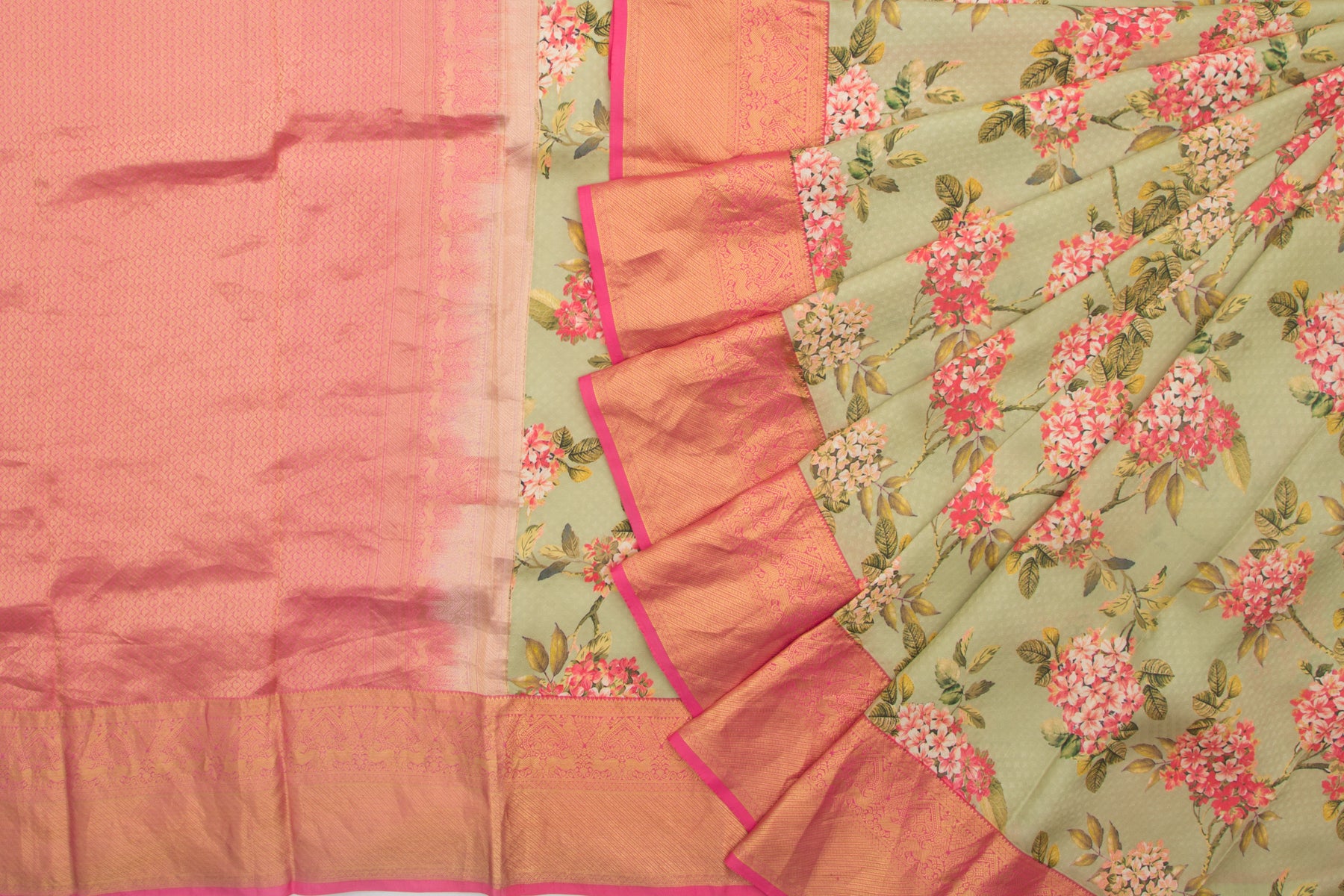 Kanchipuram Silk Jacquard And Floral Printed Green Saree