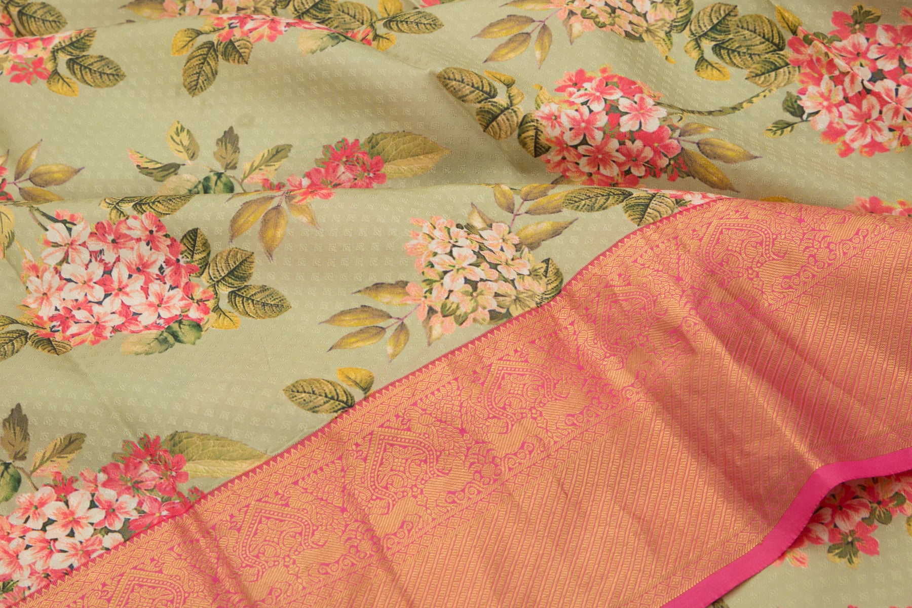 Kanchipuram Silk Jacquard And Floral Printed Green Saree