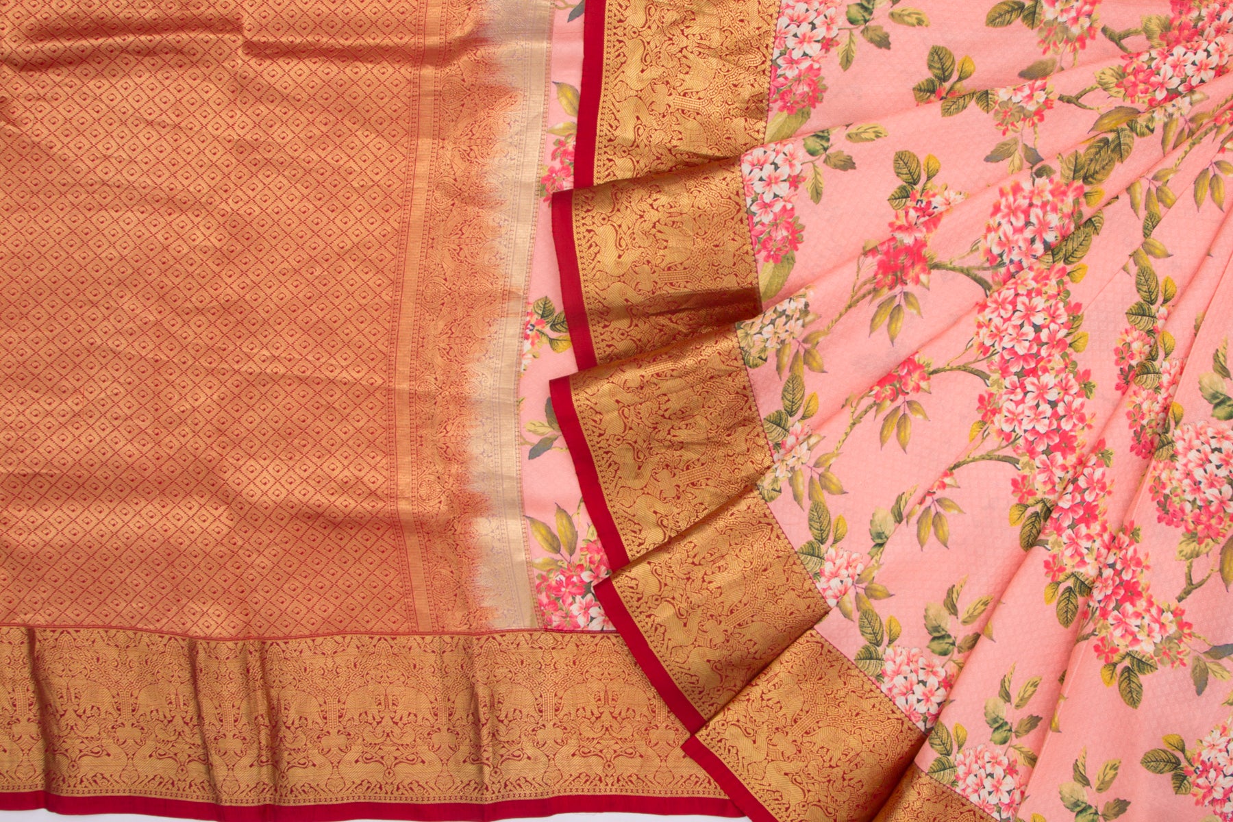 Kanchipuram Silk Jacquard And Floral Printed Pink Saree