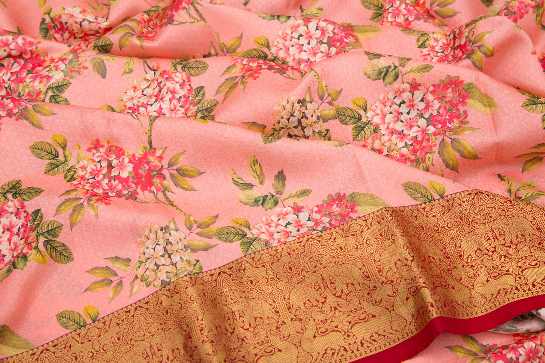 Kanchipuram Silk Jacquard And Floral Printed Pink Saree
