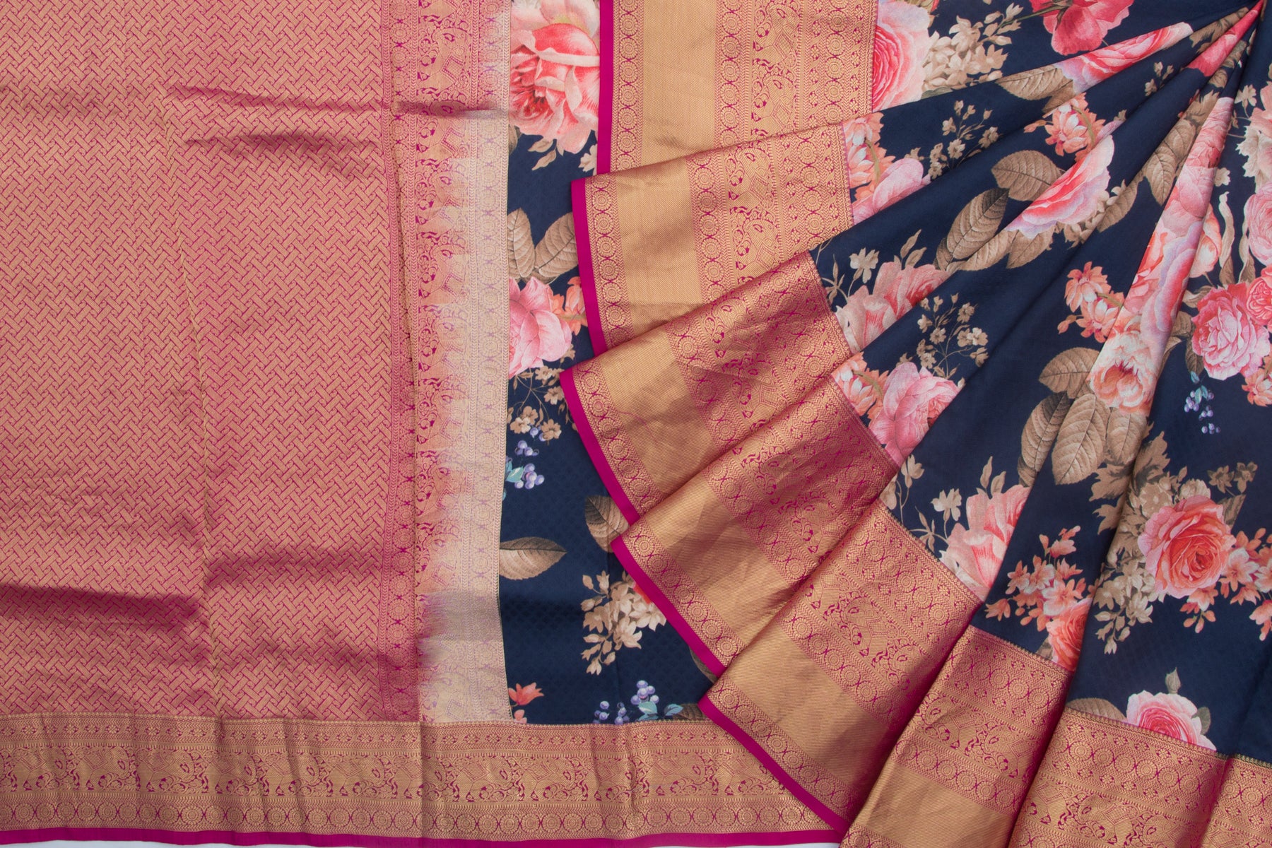 Kanchipuram Silk Jacquard And Floral Printed Dark Blue Saree