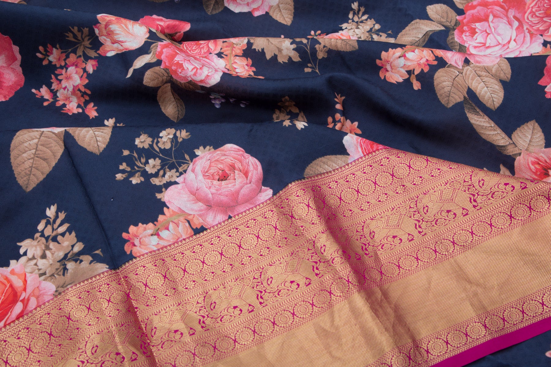 Kanchipuram Silk Jacquard And Floral Printed Dark Blue Saree