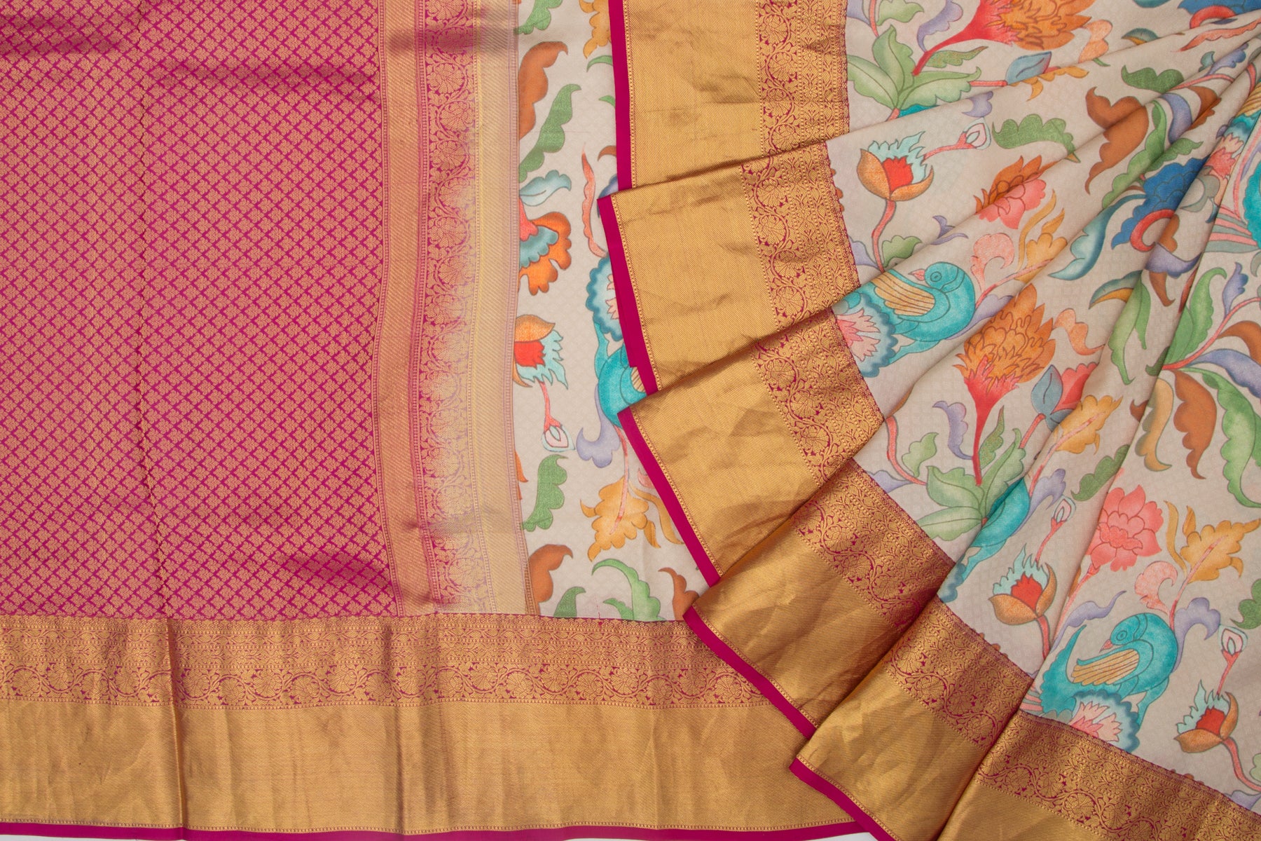 Kanchipuram Silk Jacquard And Printed Cream Saree