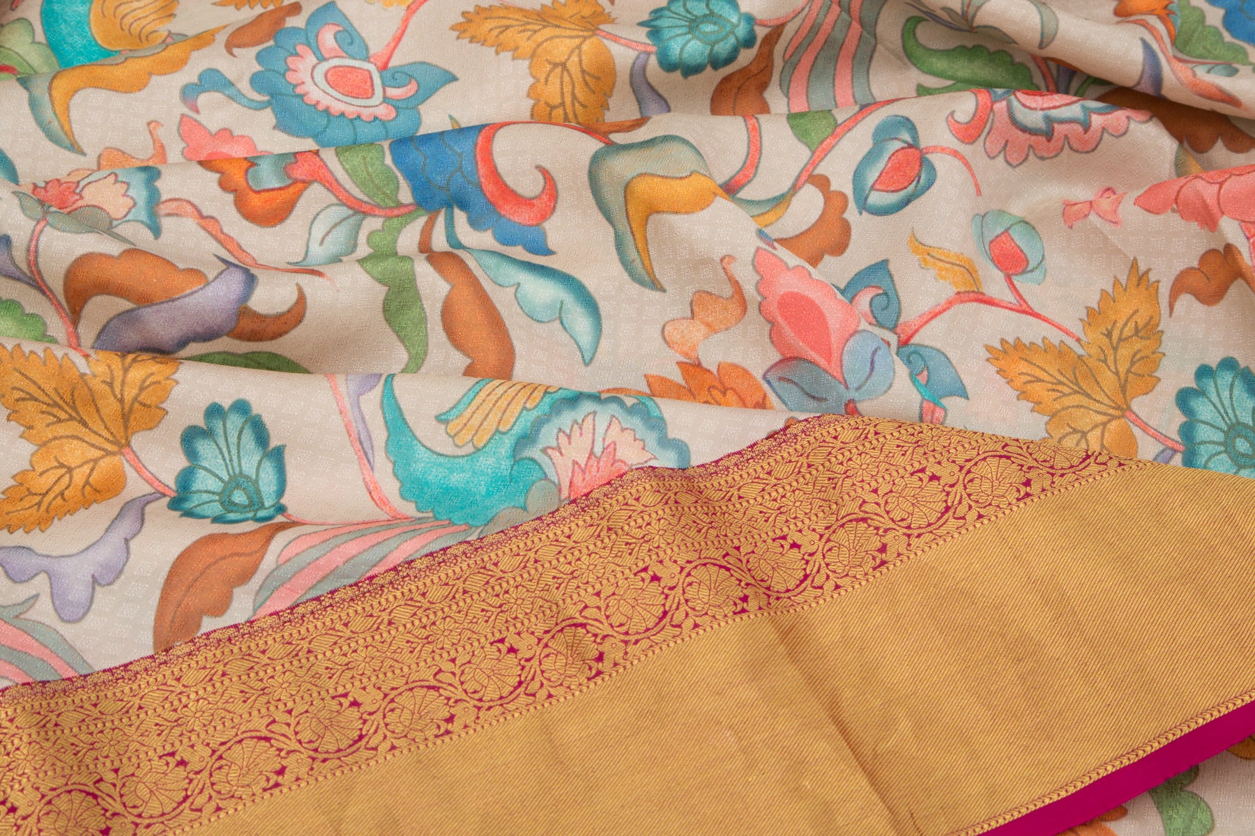 Kanchipuram Silk Jacquard And Printed Cream Saree