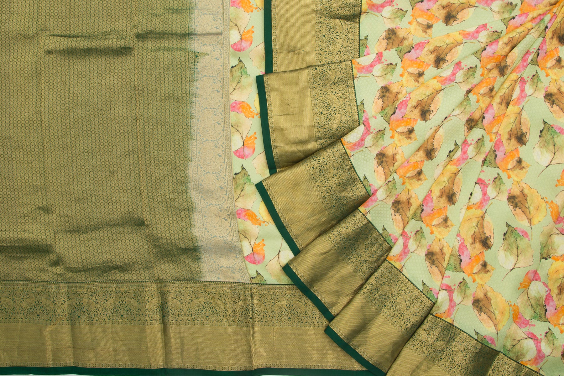 Kanchipuram Silk Jacquard And Printed Pastel Green Saree