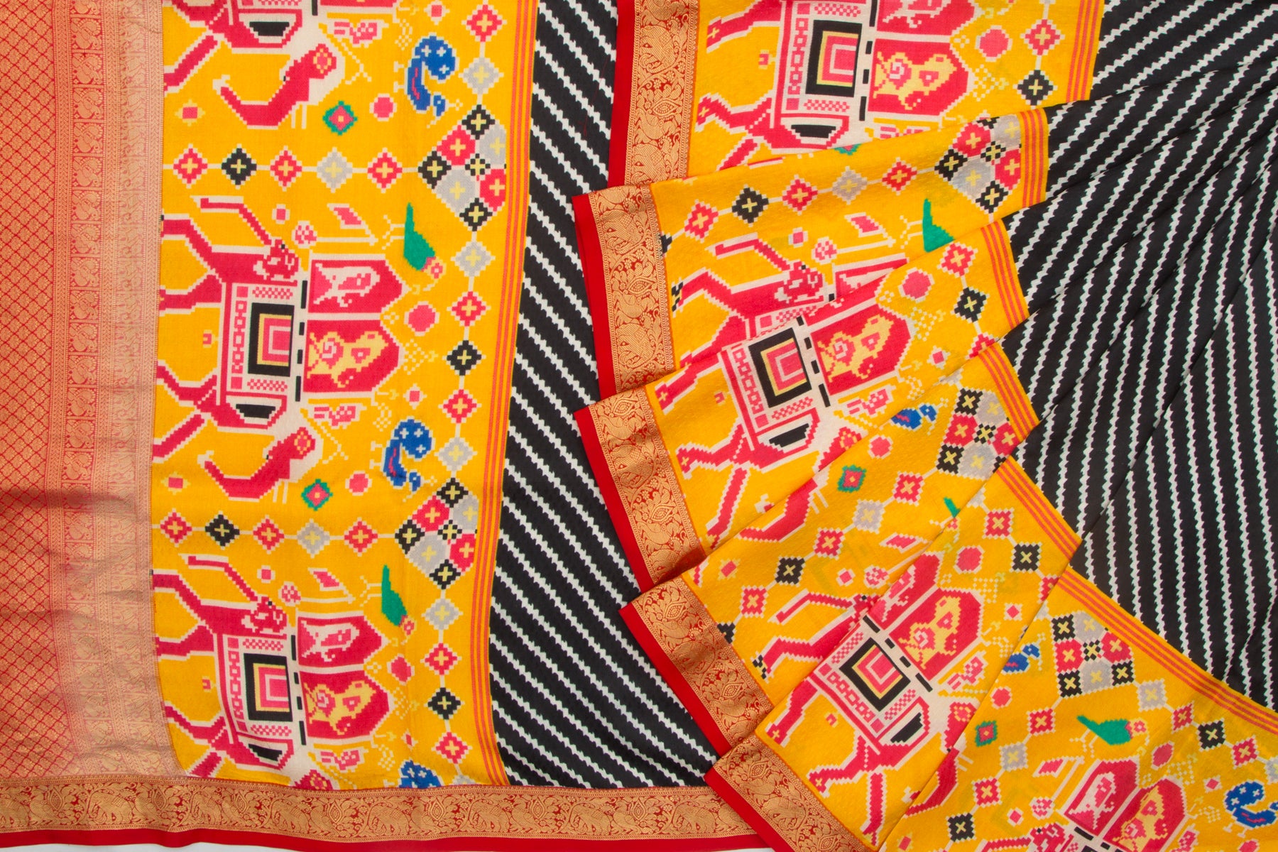 Kanchipuram Silk Jacquard And Ikat Style Printed Black Saree
