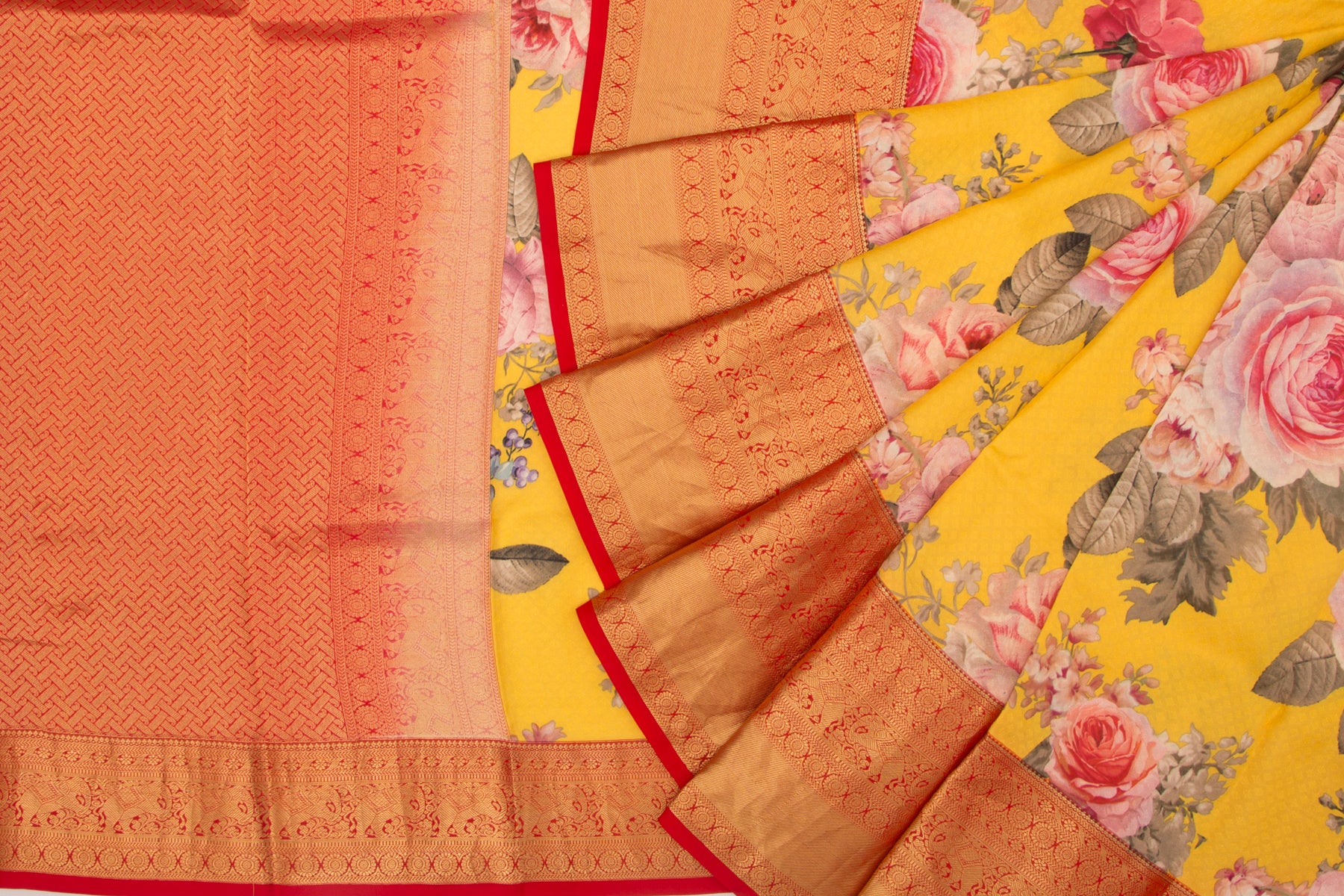 Kanchipuram Silk Jacquard And Floral Printed Yellow Saree