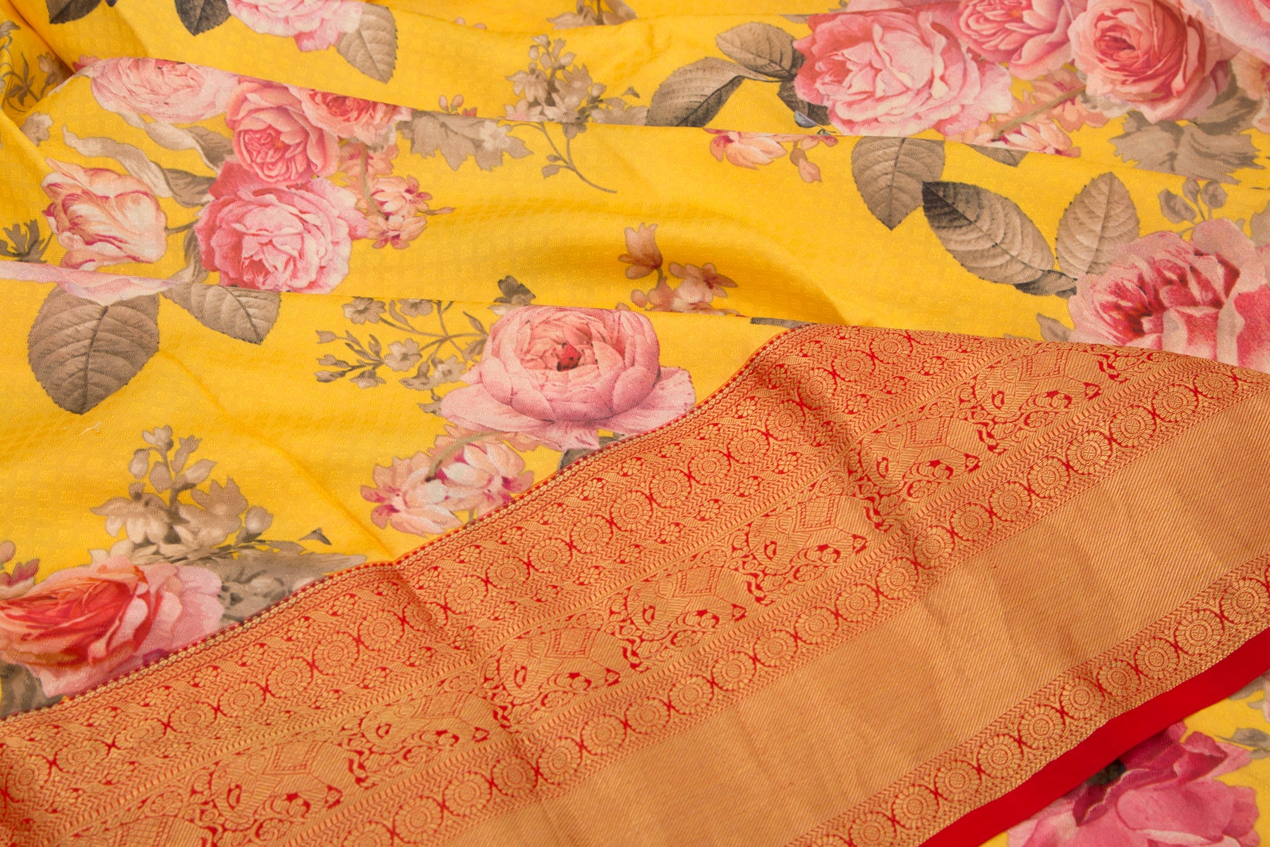 Kanchipuram Silk Jacquard And Floral Printed Yellow Saree