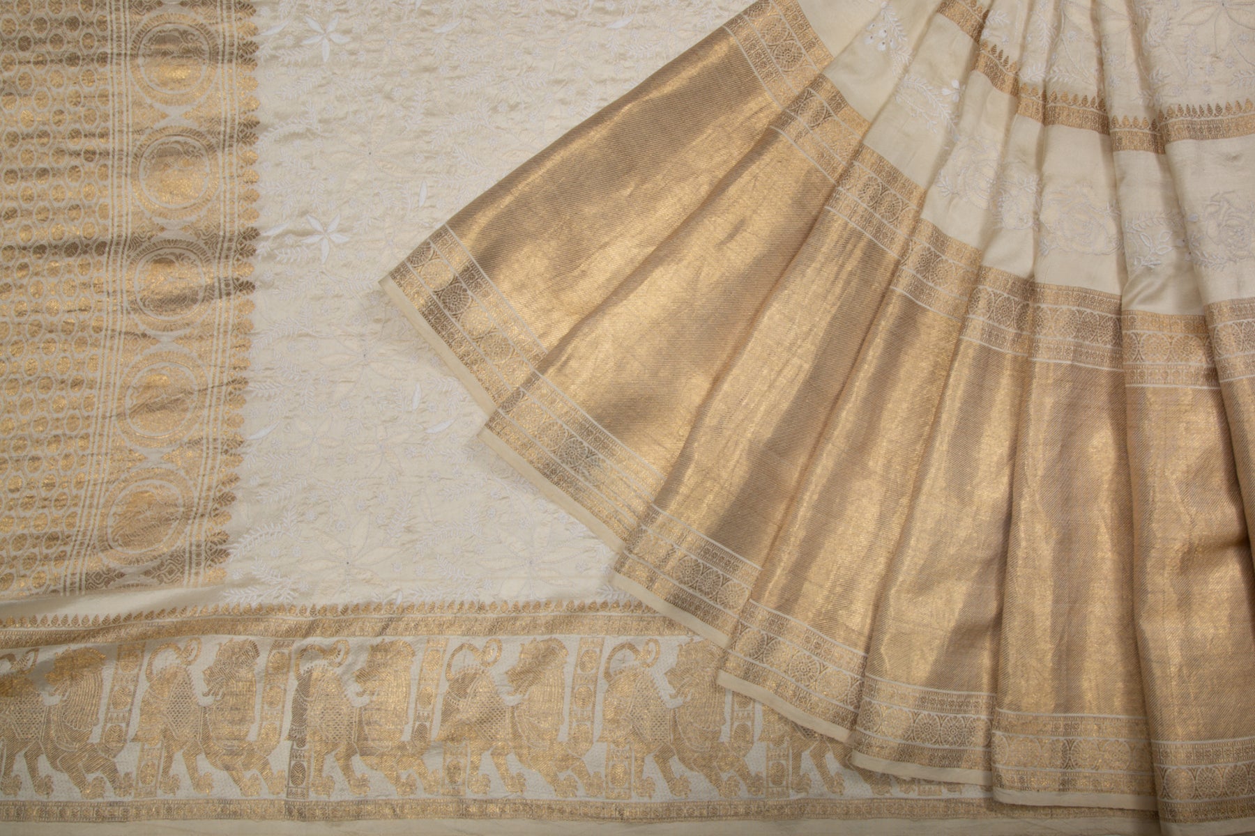 Kanchipuram Silk Chikankari White Saree