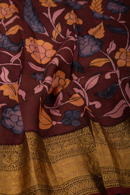 Kanchipuram Silk Kalamkari Brown Dupatta