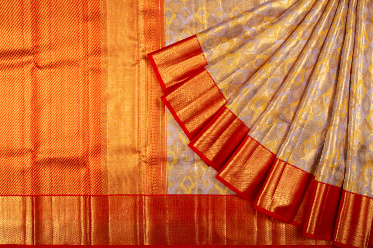 Kanchipuram Silk Tissue Brocade Lilac And Yellow Saree
