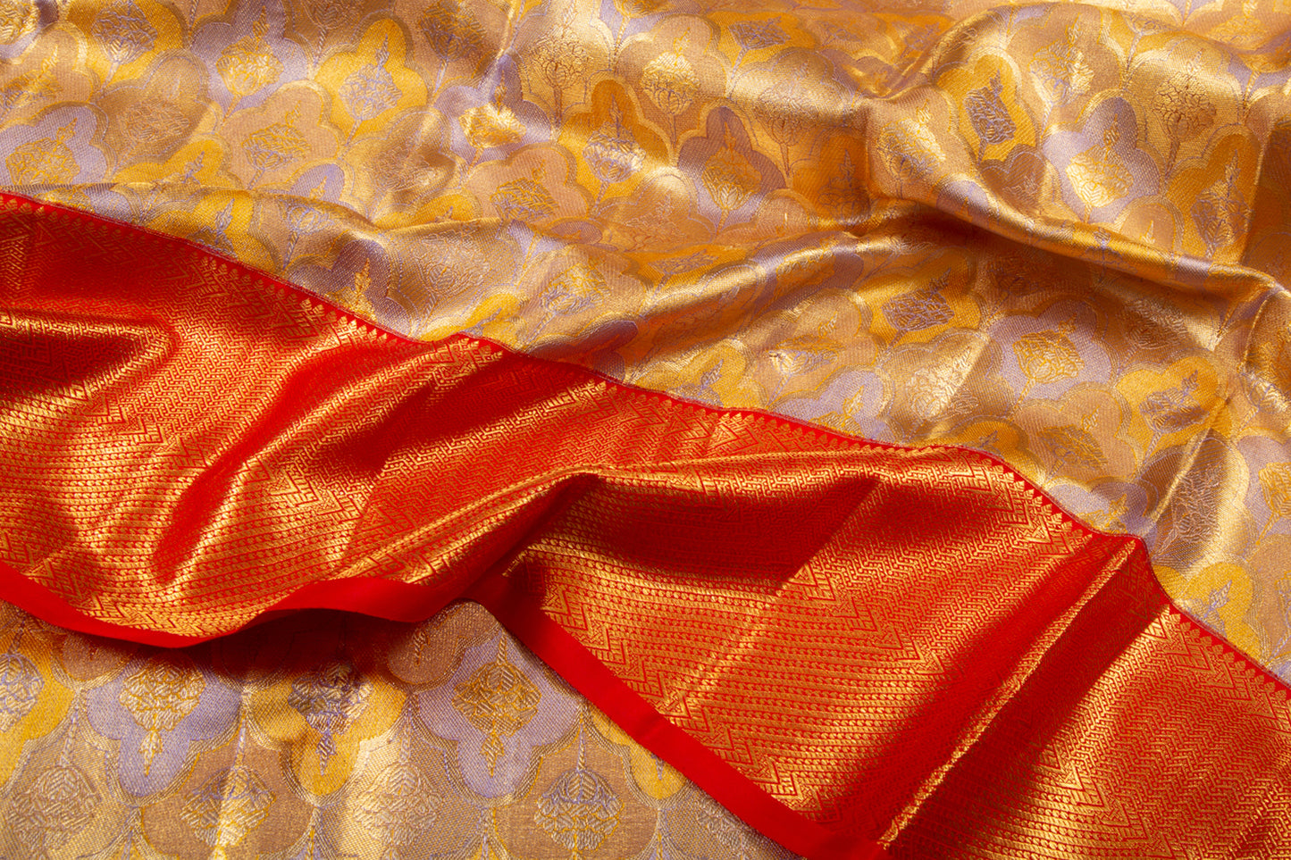 Kanchipuram Silk Tissue Brocade Lilac And Yellow Saree